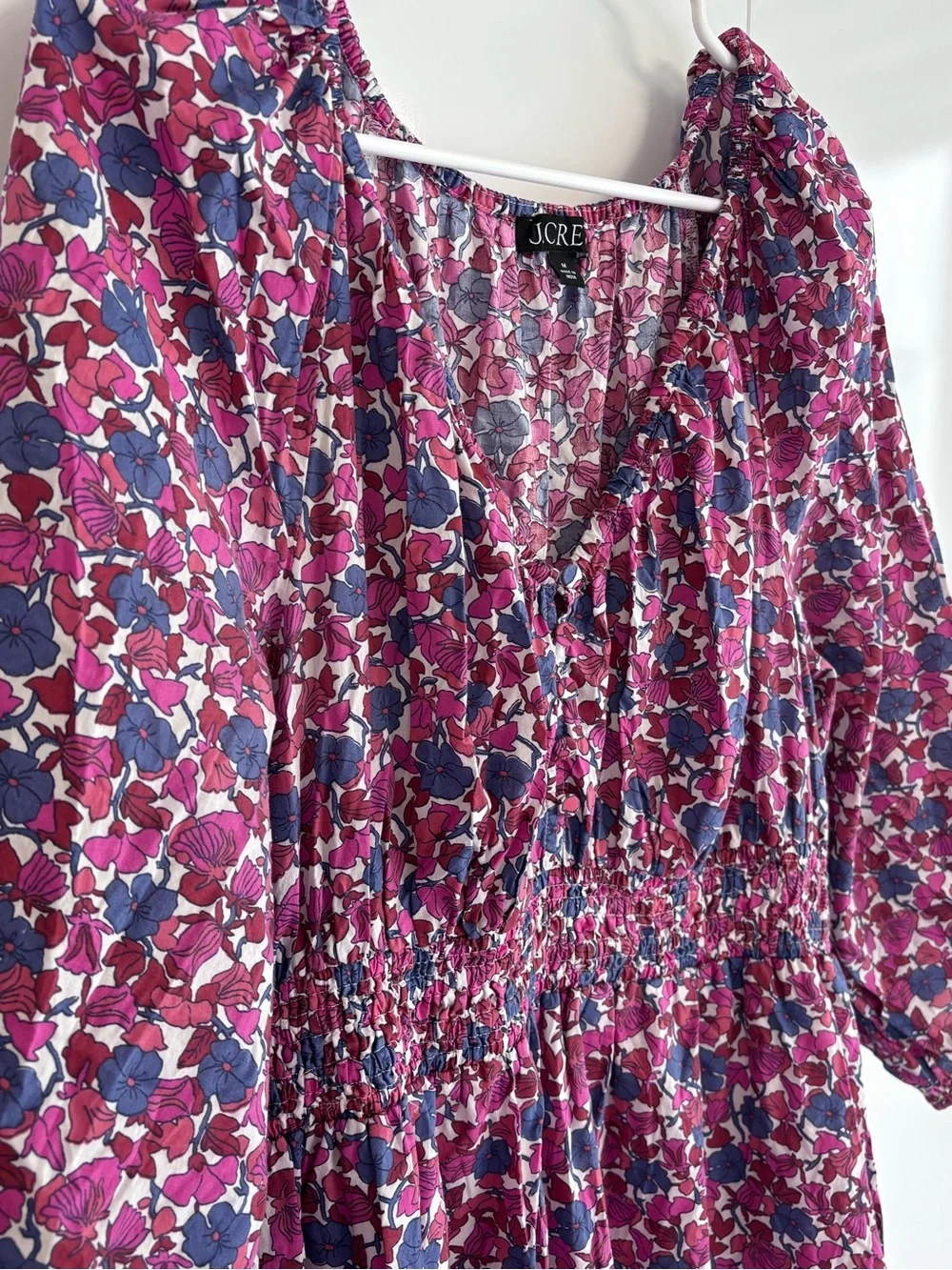 J.Crew Berry Floral Smocked Waist Long Sleeve Midi Dress Size Medium 100% Cotton